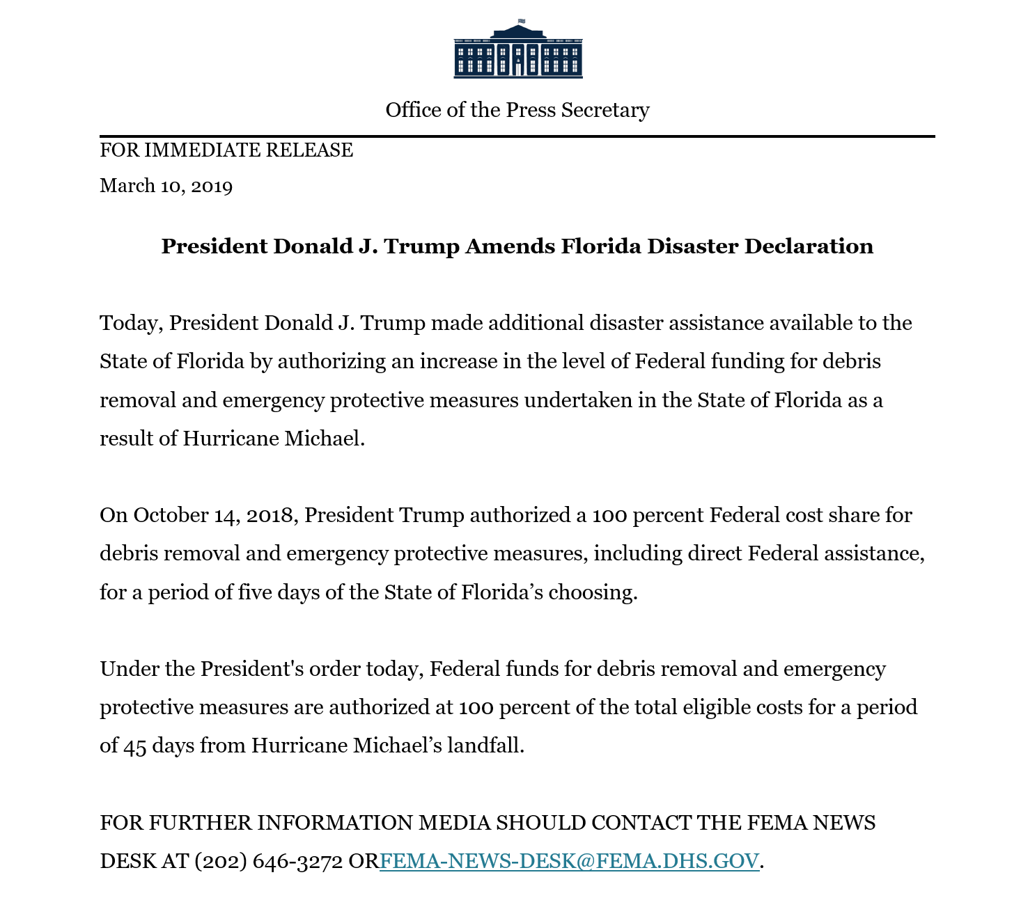 PresidentDonaldJTrumpAmendsFloridaDisasterDeclaration